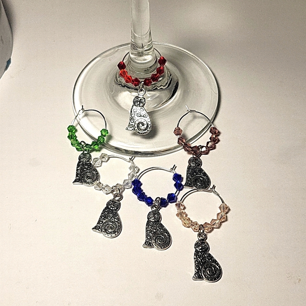 Handmade 6 Beautiful Crazy Cat Lady Quilted Cats Crystal Wine Charms